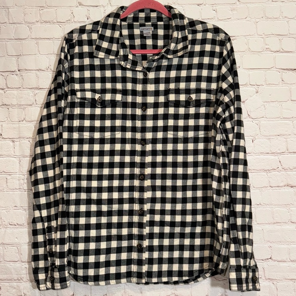 CARHARTT Black and White Plaid Flannel Button Down Size XL